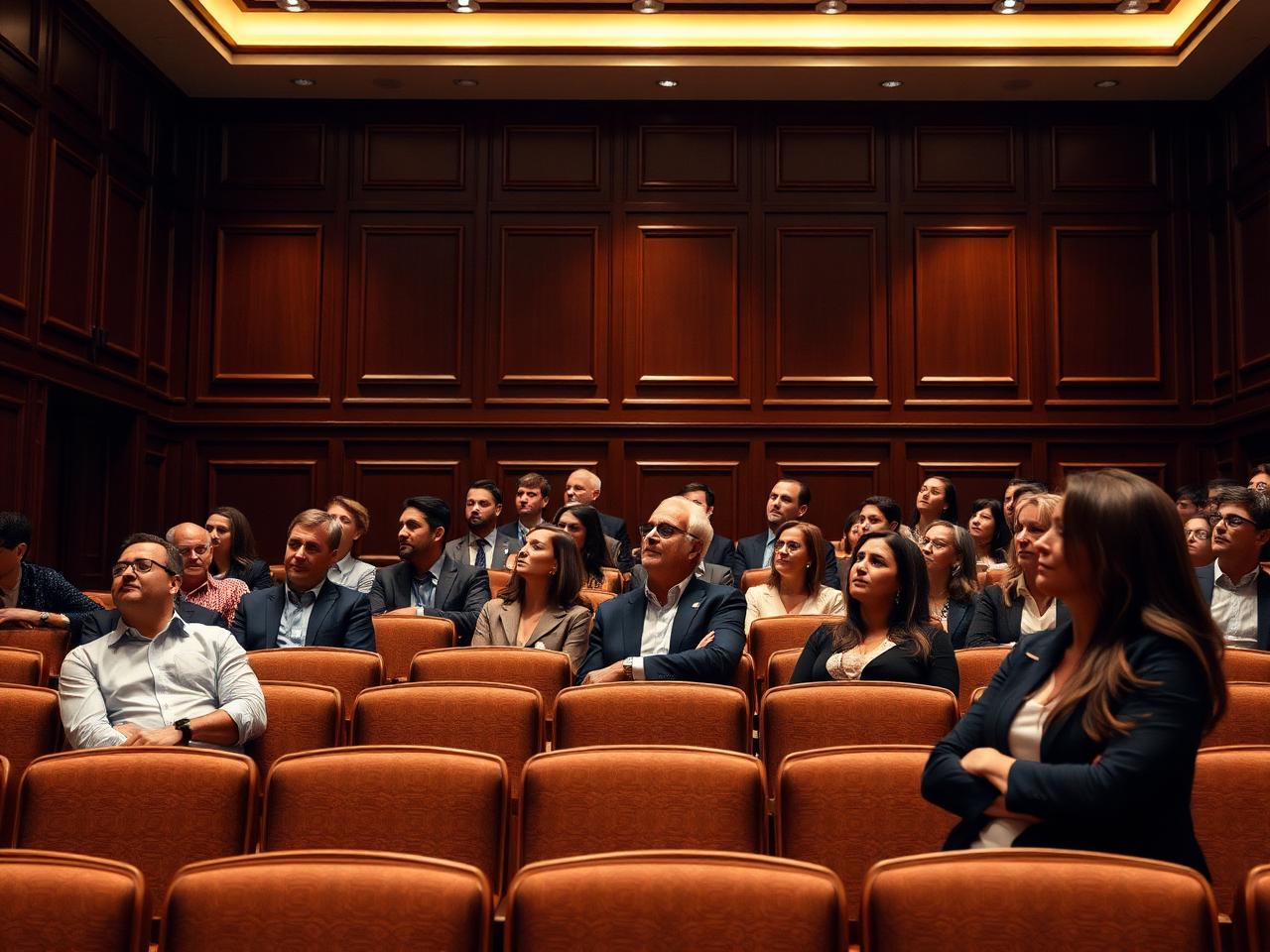 Professionals attending an institute seminar in a wood-panelled lecture hall